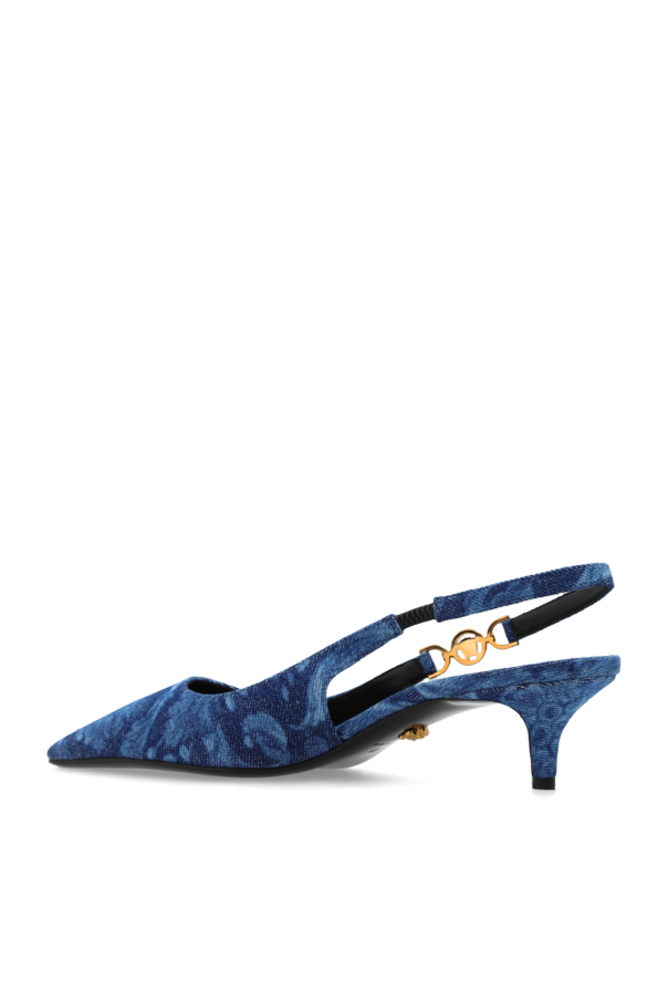 サンダル・ミュール VERSACE SS24 Embroidered denim pumps (10125791A10019 1D06V) ash orange sandal | Blue Denim pumps Versace